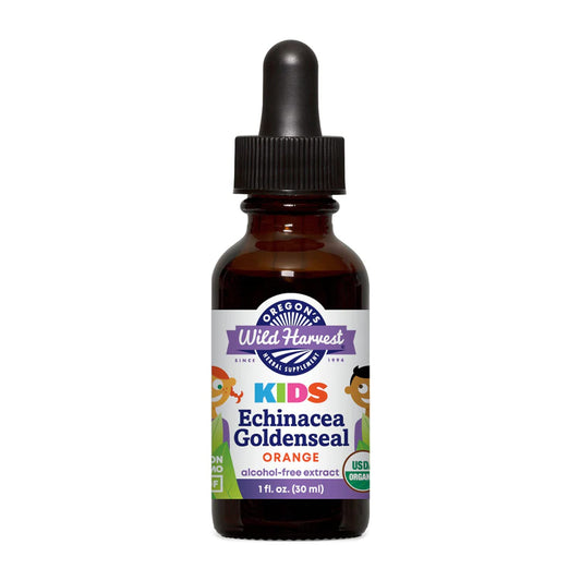 Bottle of Oregon's Wild Harvest Children's Echinacea Goldenseal Orange Organic Herbal Supplement, 1 fl oz