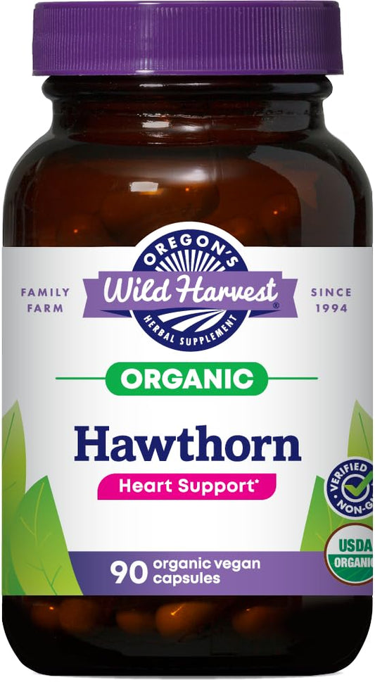 Oregon's Wild Harvest Hawthorn capsules bottle showing 1200 mg strength and 90-count