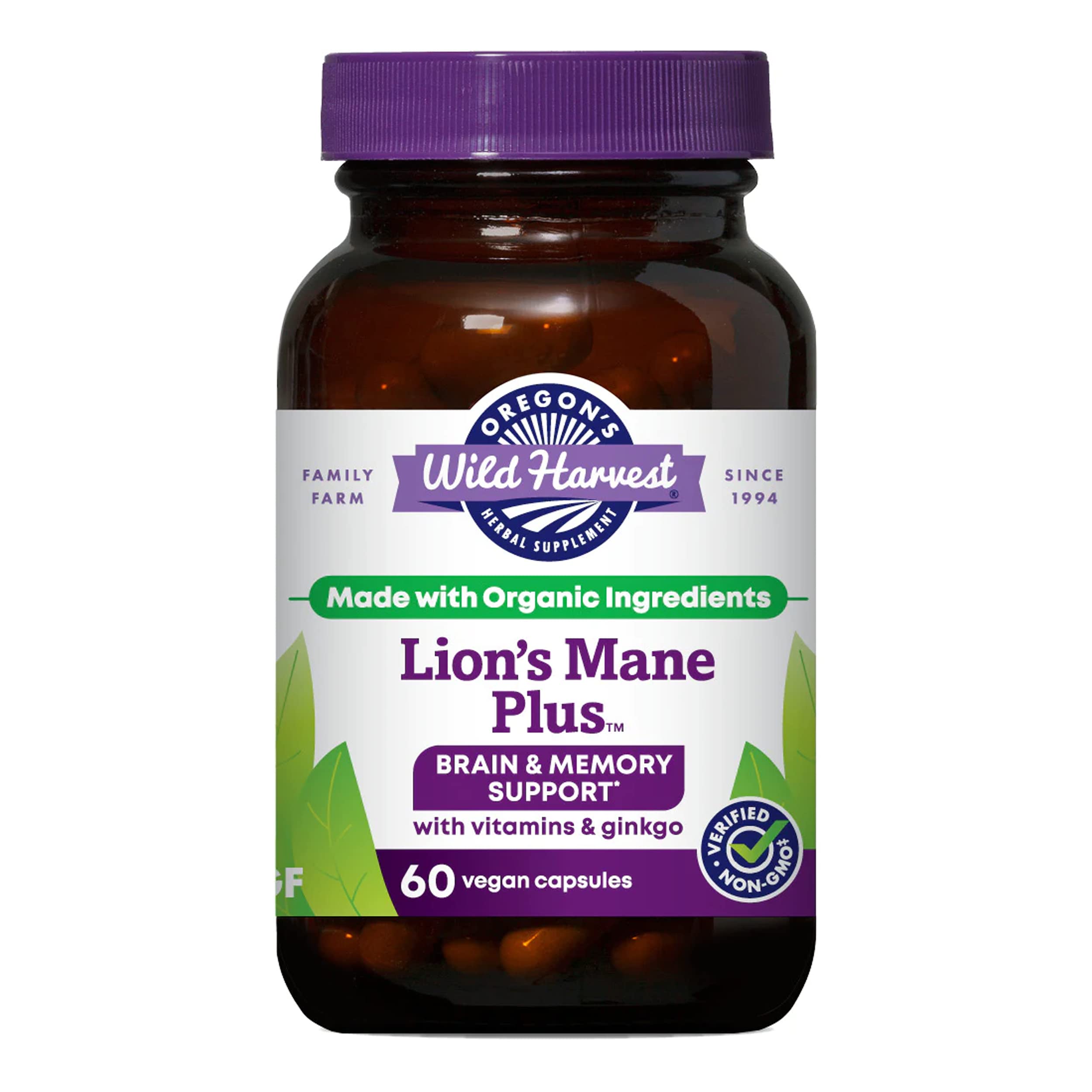 Oregon's Wild Harvest Lion's Mane Plus Brain & Memory Support bottle label