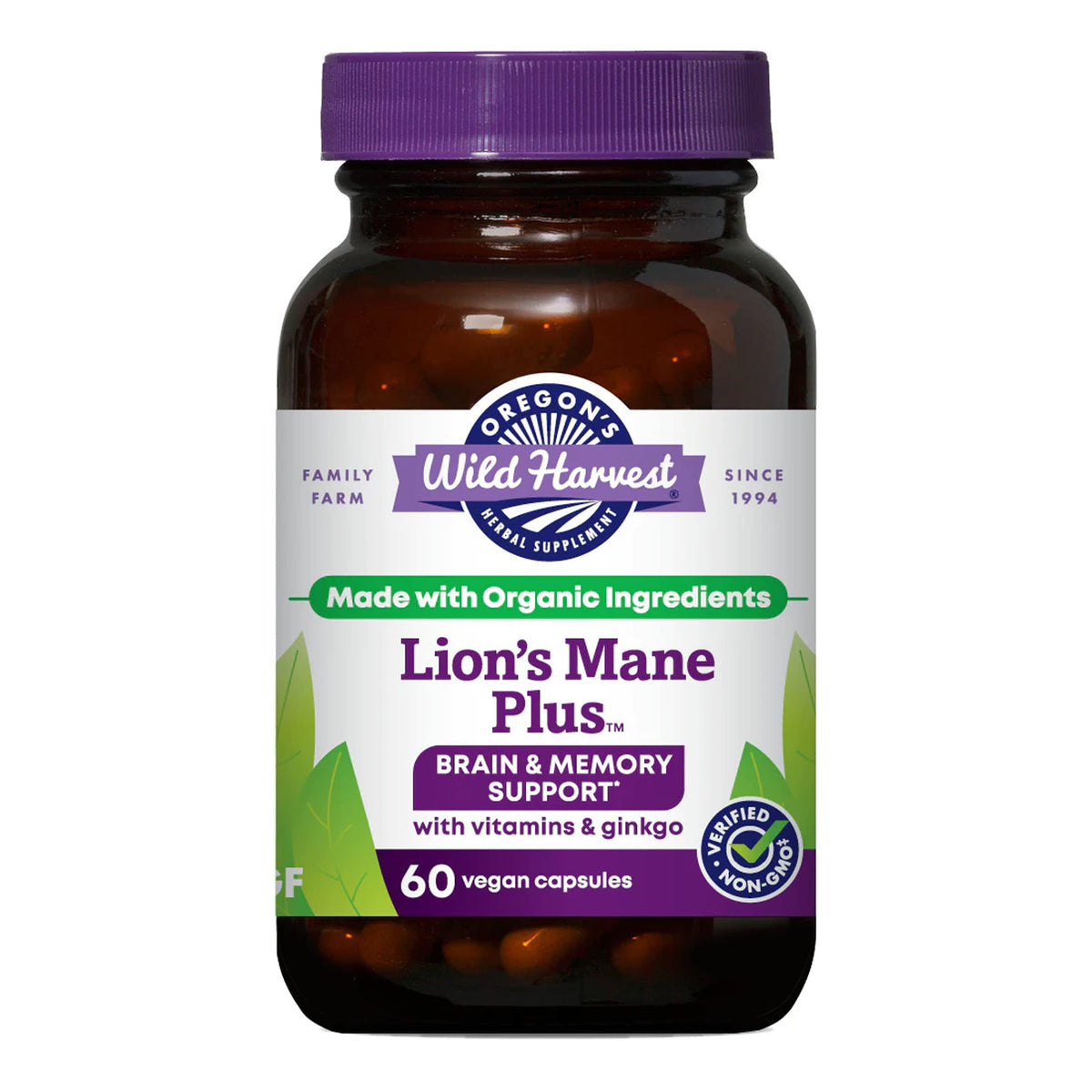 Oregon's Wild Harvest Lion's Mane Plus Brain & Memory Support bottle label