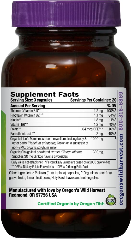 Close-up of 60 vegan pullulan capsules in bottle for Lion's Mane brain support