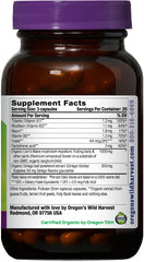 Close-up of 60 vegan pullulan capsules in bottle for Lion's Mane brain support