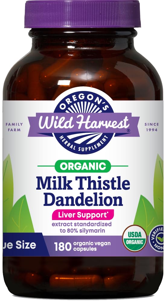 Oregon's Wild Harvest Milk Thistle Dandelion capsules bottle for daily liver support.