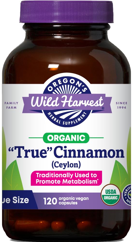 Bottle of Oregon's Wild Harvest Organic True Cinnamon Ceylon vegan capsules