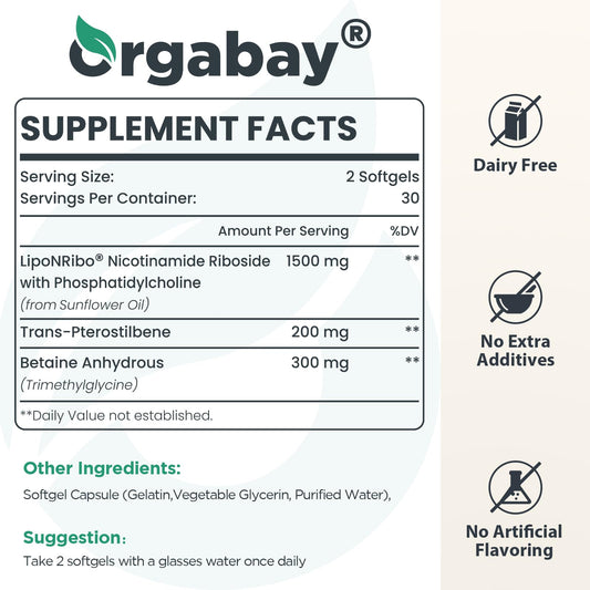 Close-up of nutrition facts panel on Orgabay NR liposomal bottle