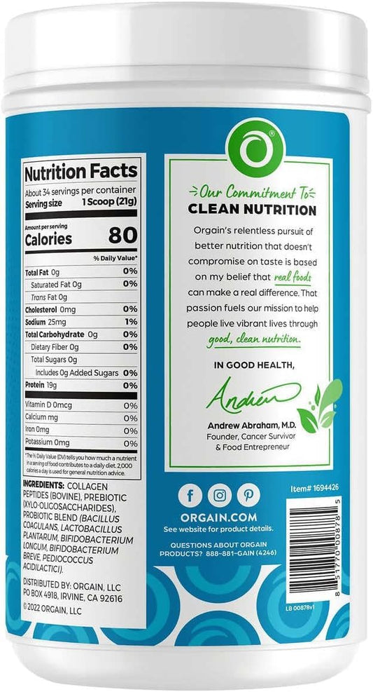 Nutrition facts for Orgain Collagen +Superfoods 25.6 oz