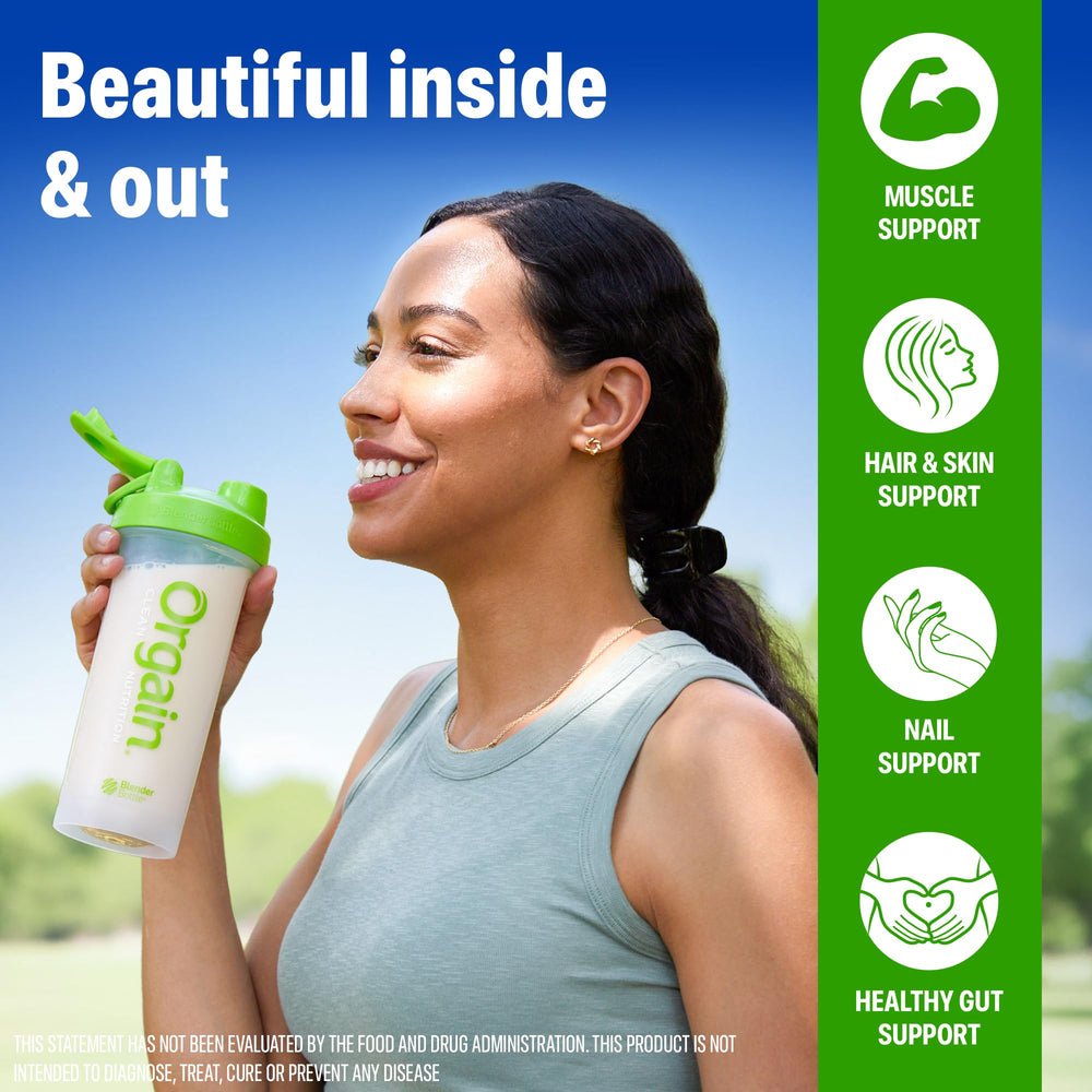 Creamy vanilla shake poured into a glass, showcasing Orgain flavor.
