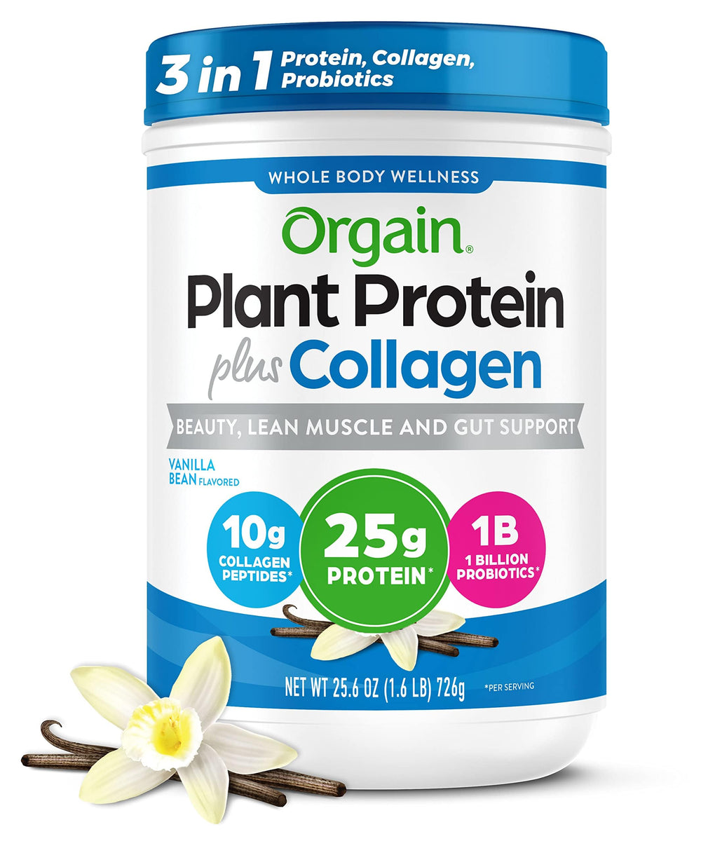 Orgain Plant Protein + Collagen Vanilla Bean tub front view
