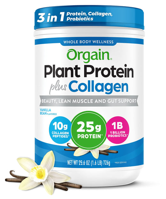 Orgain Plant Protein + Collagen Vanilla Bean tub front view
