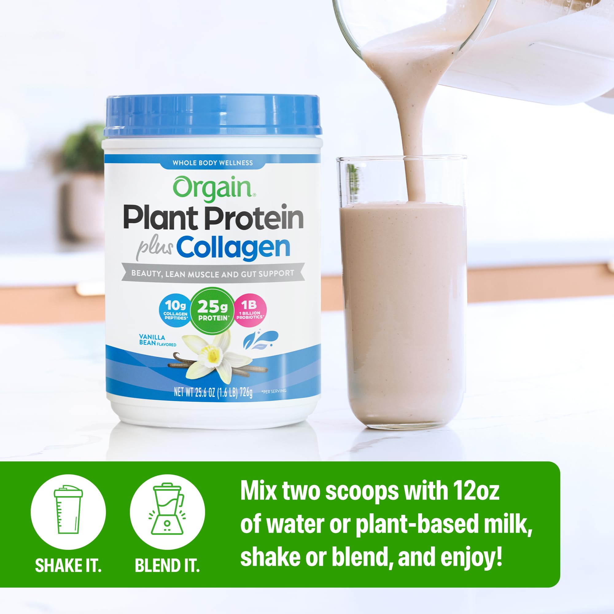 Orgain Vanilla Bean powder on kitchen counter, gluten-free and dairy-free promise.