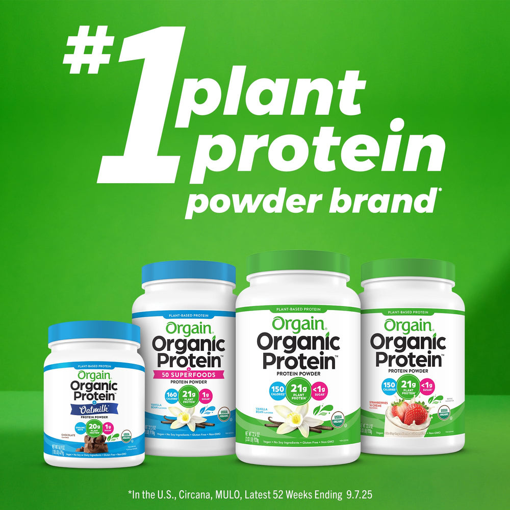Orgain scoop beside label highlighting 10g collagen peptides per serving.