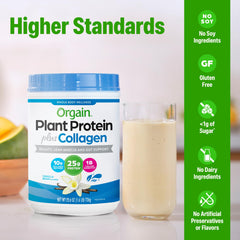 Orgain Vanilla Bean scoop beside glass of smoothie, ready for quick nutrition.