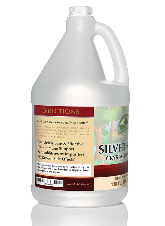 Close-up of Organa nano colloidal silver liquid in bottle