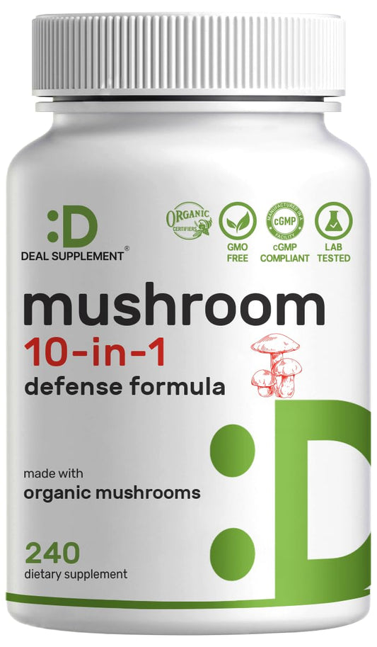 Front view of Organic 10-in-1 Mushroom Supplement bottle with 240 capsules