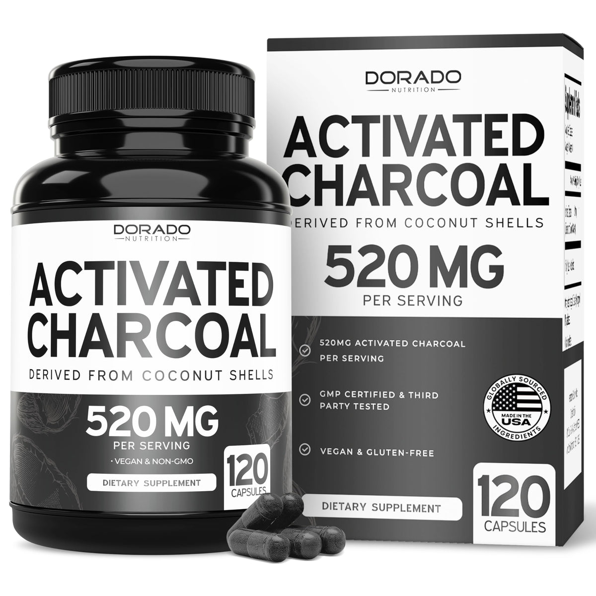 Bottle of Organic Activated Charcoal Pills – 120 capsules, USA made