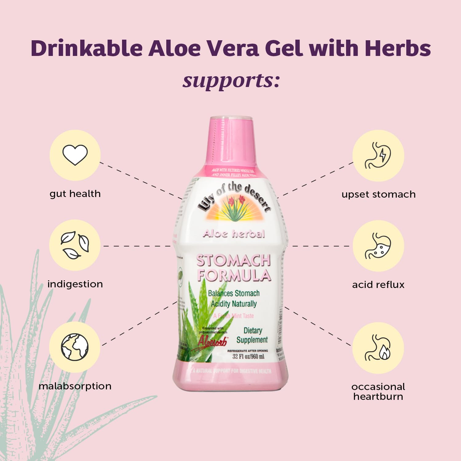 Organic aloe vera juice for stomach relief with herbal ingredients