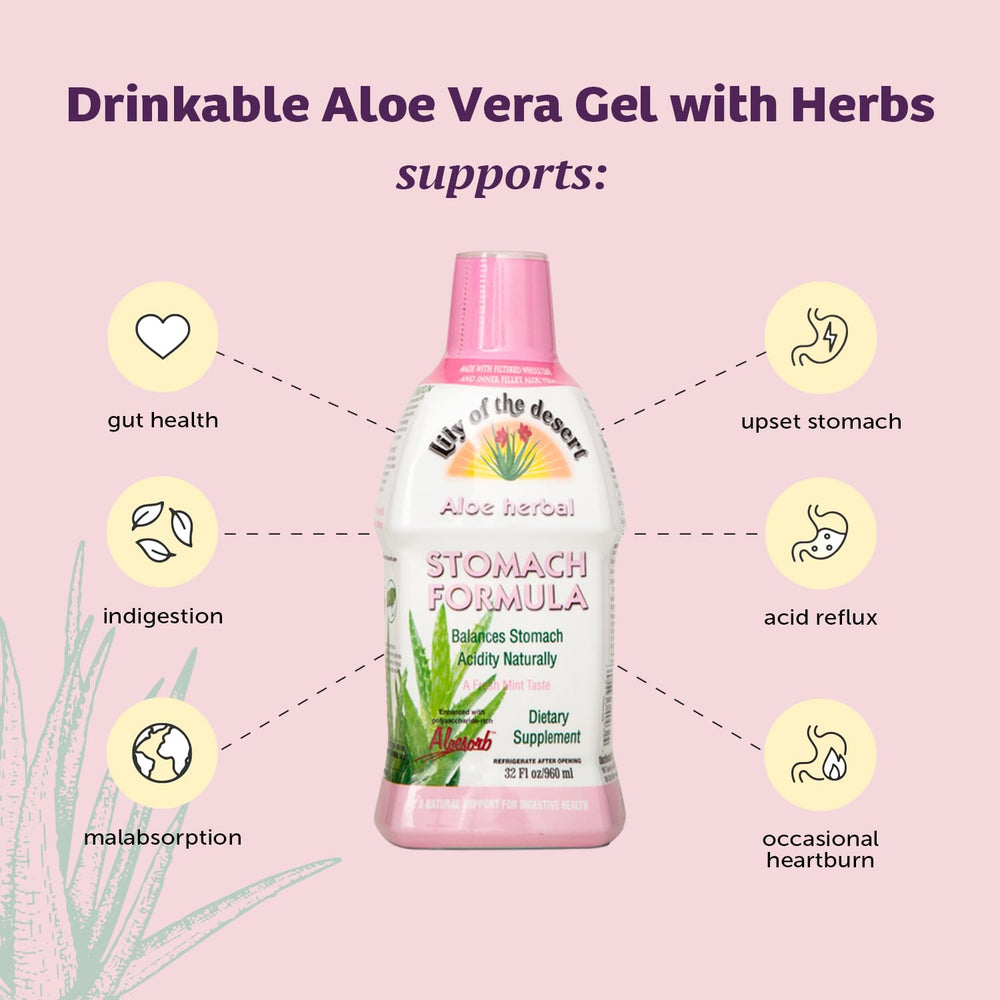 Organic aloe vera juice for stomach relief with herbal ingredients
