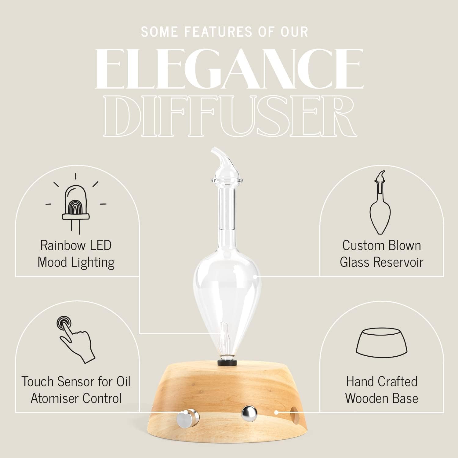Organic Aromas Elegance diffuser rainbow-light option for mood-enhancing ambiance.
