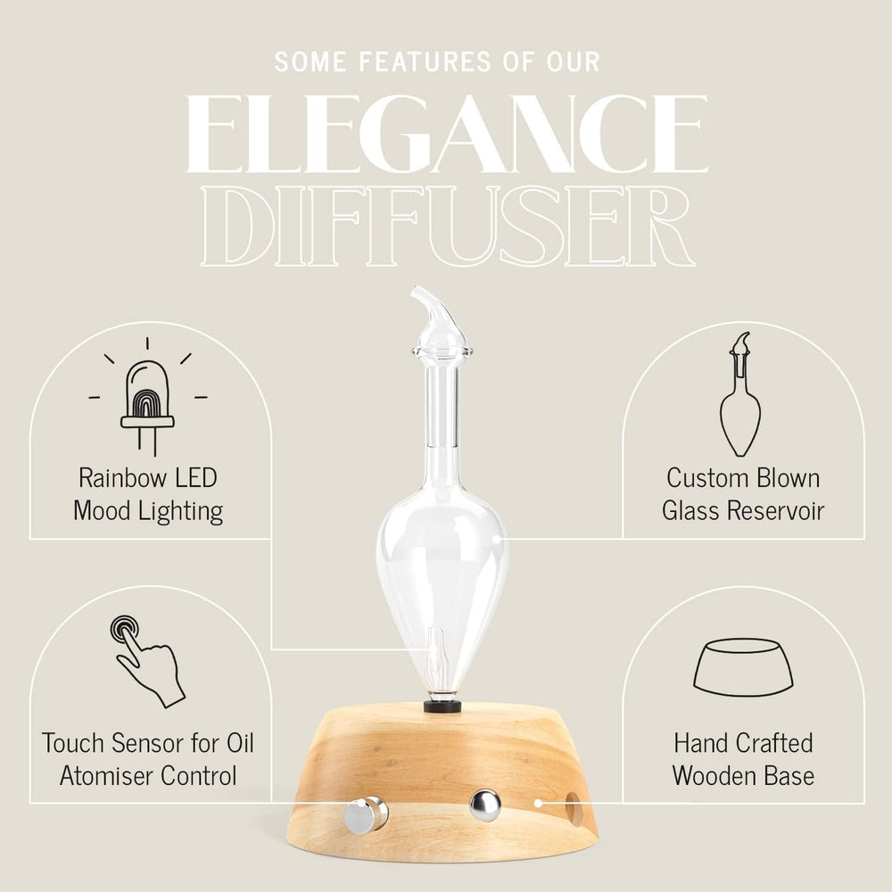 Organic Aromas Elegance diffuser rainbow-light option for mood-enhancing ambiance.