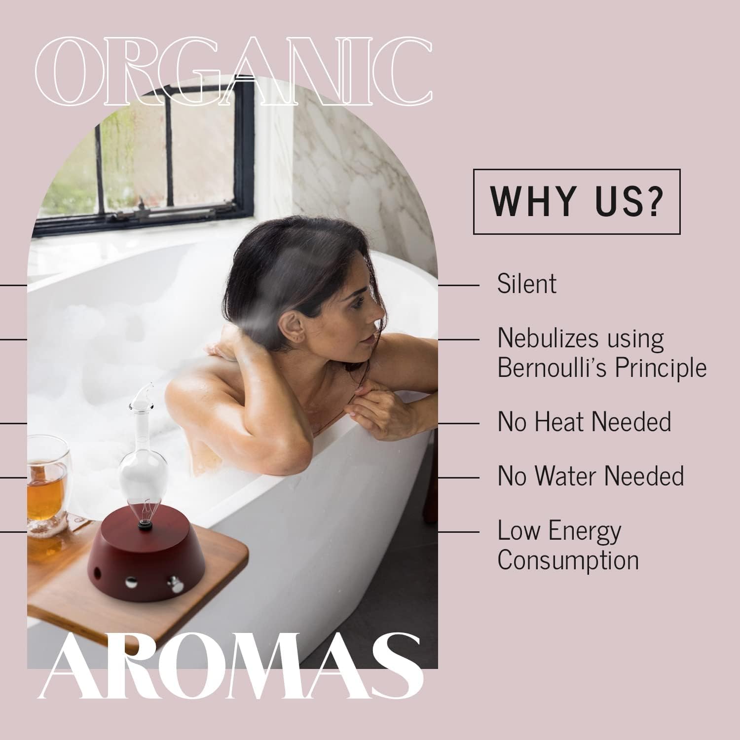 Organic Aromas Elegance diffuser wood-handle detail emphasizes BPA-free, natural materials.