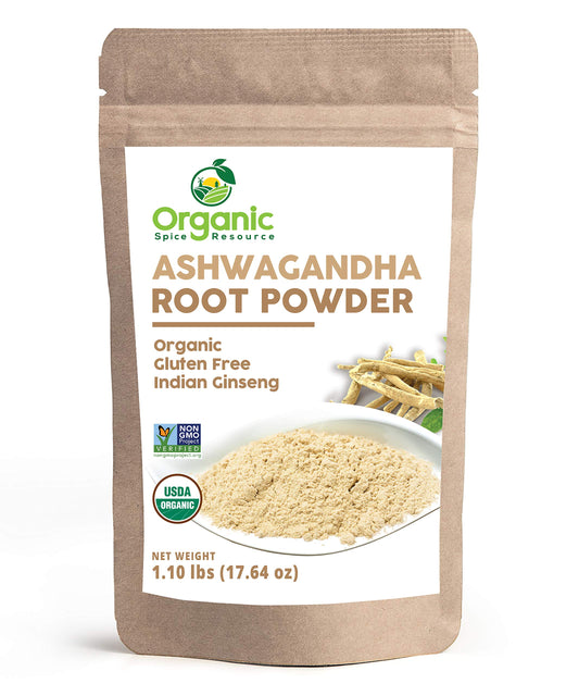 Organic Ashwagandha root powder in a resealable kraft bag