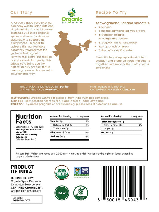 Back view of packaging showing product details for Ashwagandha powder