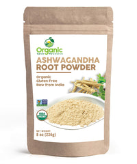Front view of Organic Ashwagandha Root Powder 8 oz in resealable kraft bag