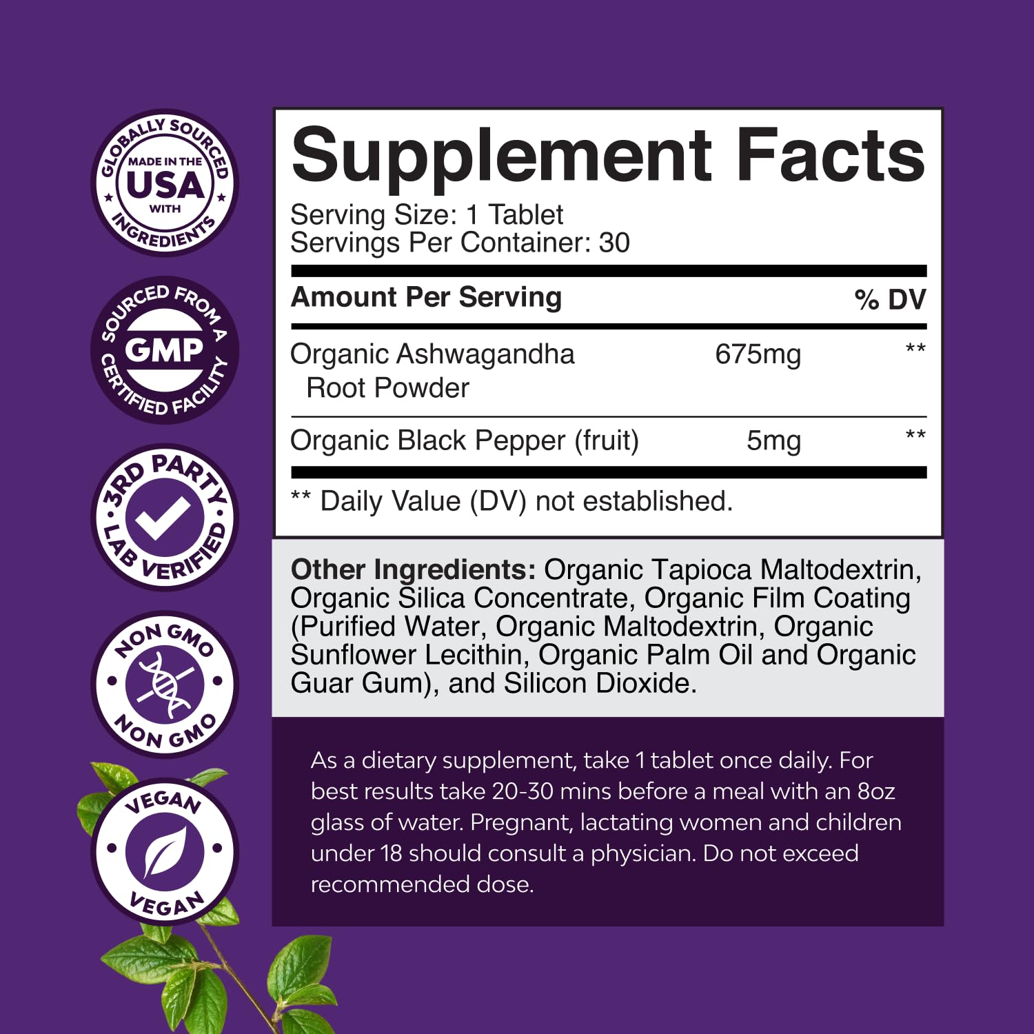 Organic ashwagandha root tablets product bottle.