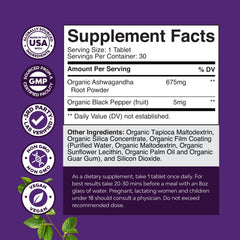 Organic ashwagandha root tablets product bottle.
