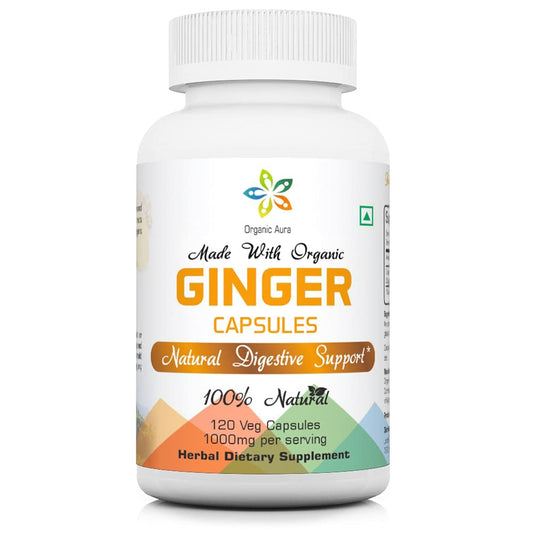 Organic Aura Ginger Capsules bottle with 120 vegan capsules, 2 month supply