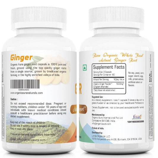 Front view of Organic Aura Ginger Capsules bottle showing 120 vegan capsules