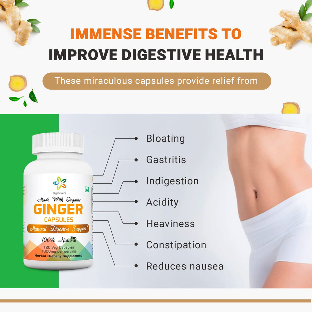 Graphic highlighting digestion and immune support benefits of ginger