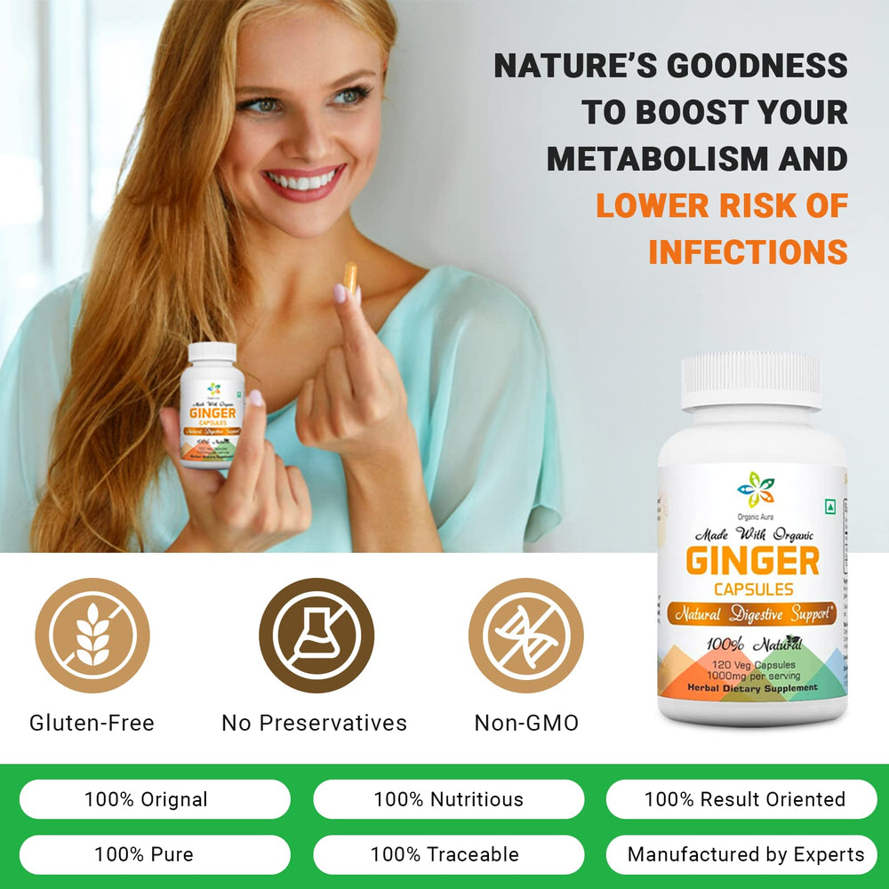 Non-GMO, gluten-free Organic Aura Ginger Capsules label
