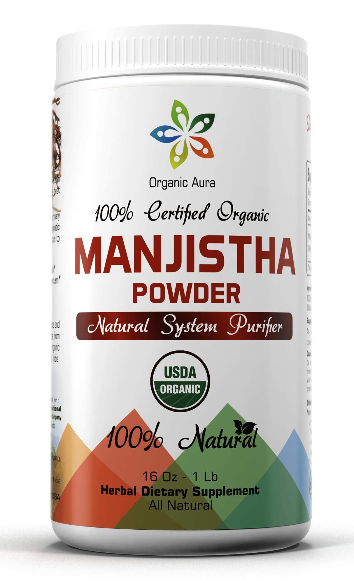 Front view of Organic Aura Manjistha Powder 16 oz container