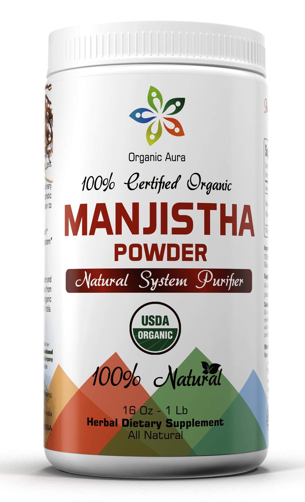 Front view of Organic Aura Manjistha Powder 16 oz container