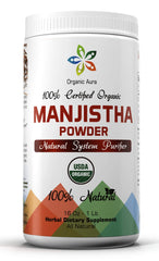Front view of Organic Aura Manjistha Powder 16 oz container