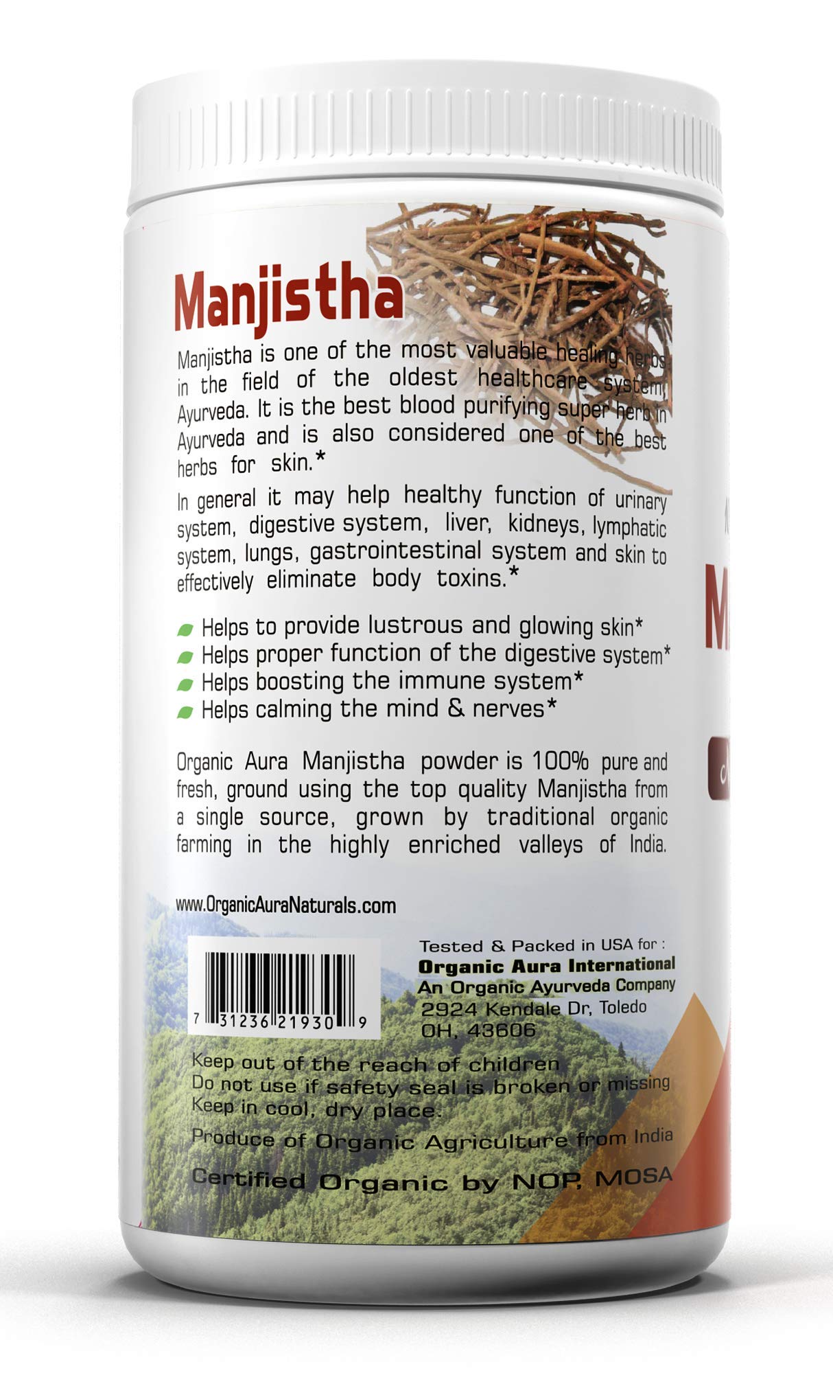 Organic Aura Manjistha Powder packaging 16 oz