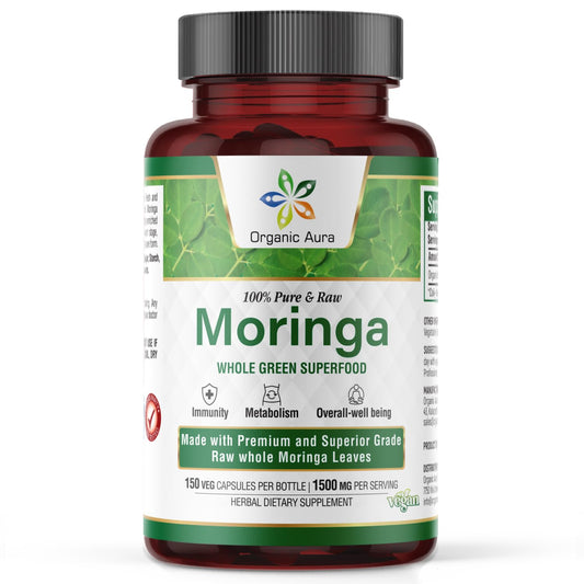 Organic Aura Moringa Leaf Capsules bottle front view