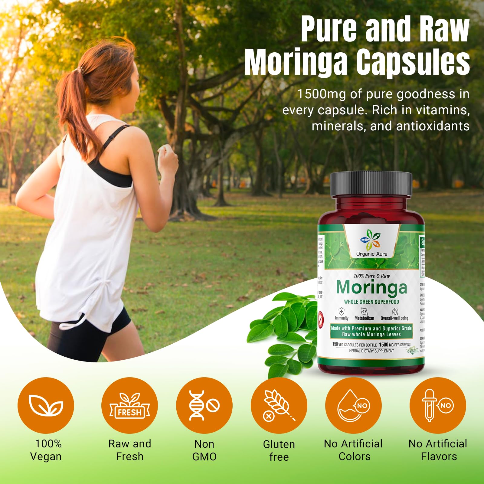 Close-up of Organic Aura Moringa Leaf Capsules