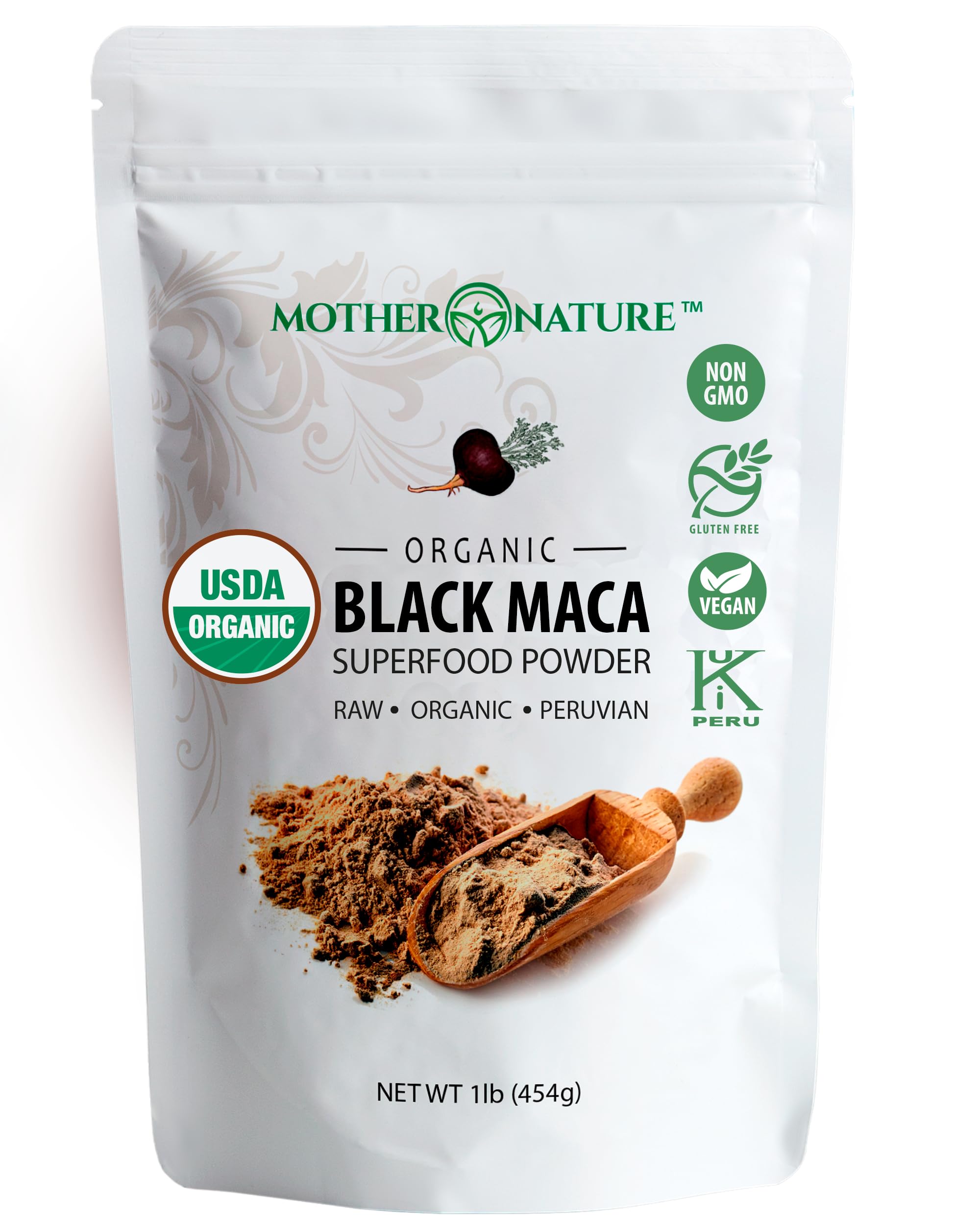 Front view of Organic Black Maca Root Powder 16 oz bag