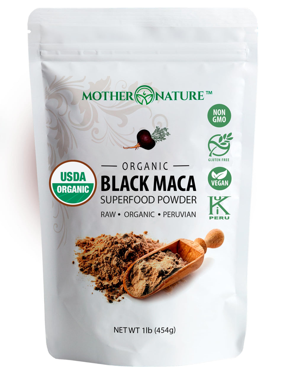 Front view of Organic Black Maca Root Powder 16 oz bag