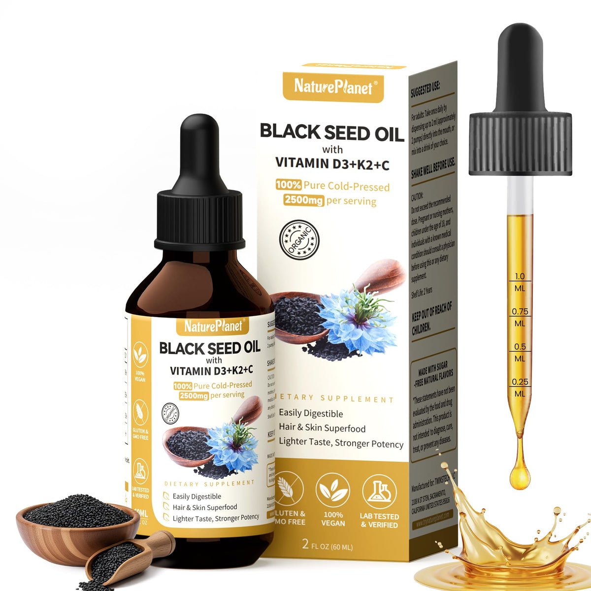 Organic Black Seed Oil Multivitamin Drops bottle with D3, K2, and C label