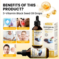 Illustration of ingredients: D3, K2, and C with black seed oil
