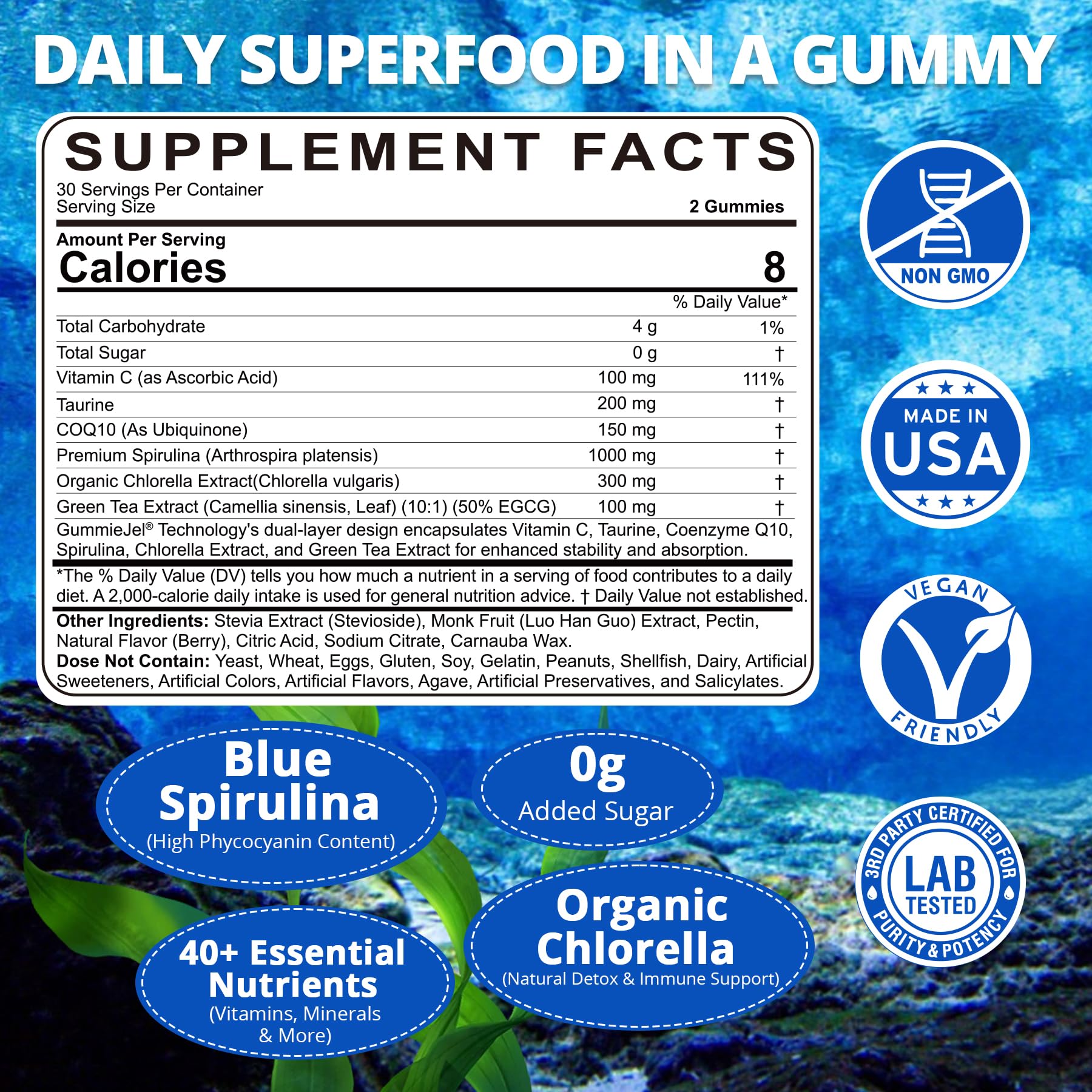 Back panel with nutrition information on Organic Blue Spirulina Gummies box