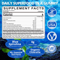 Back panel with nutrition information on Organic Blue Spirulina Gummies box