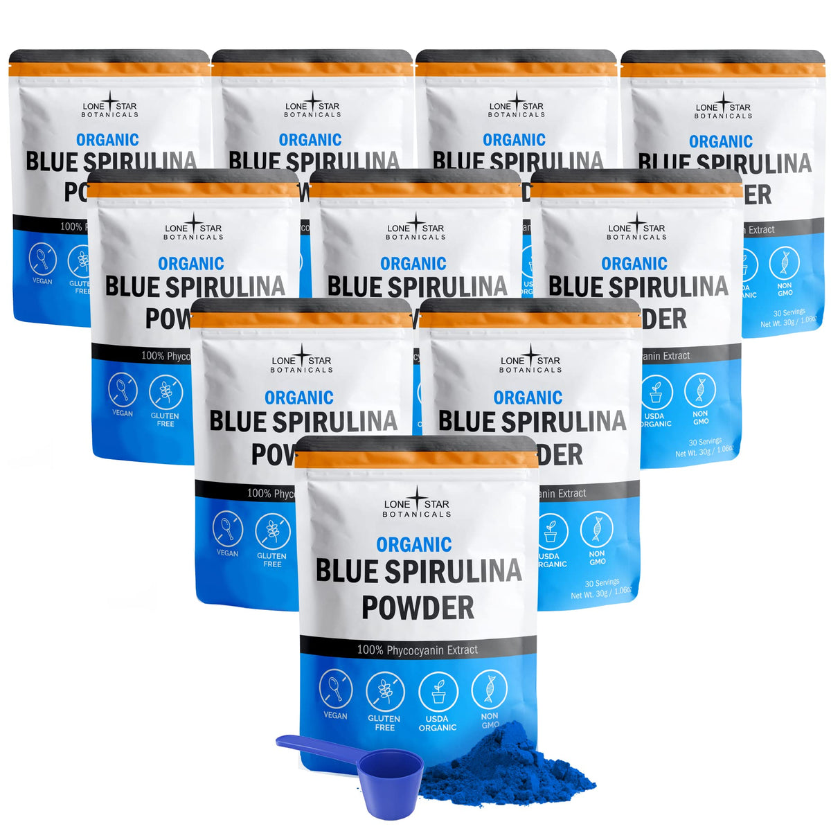 Organic Blue Spirulina Powder bag label with USDA Certified emblem
