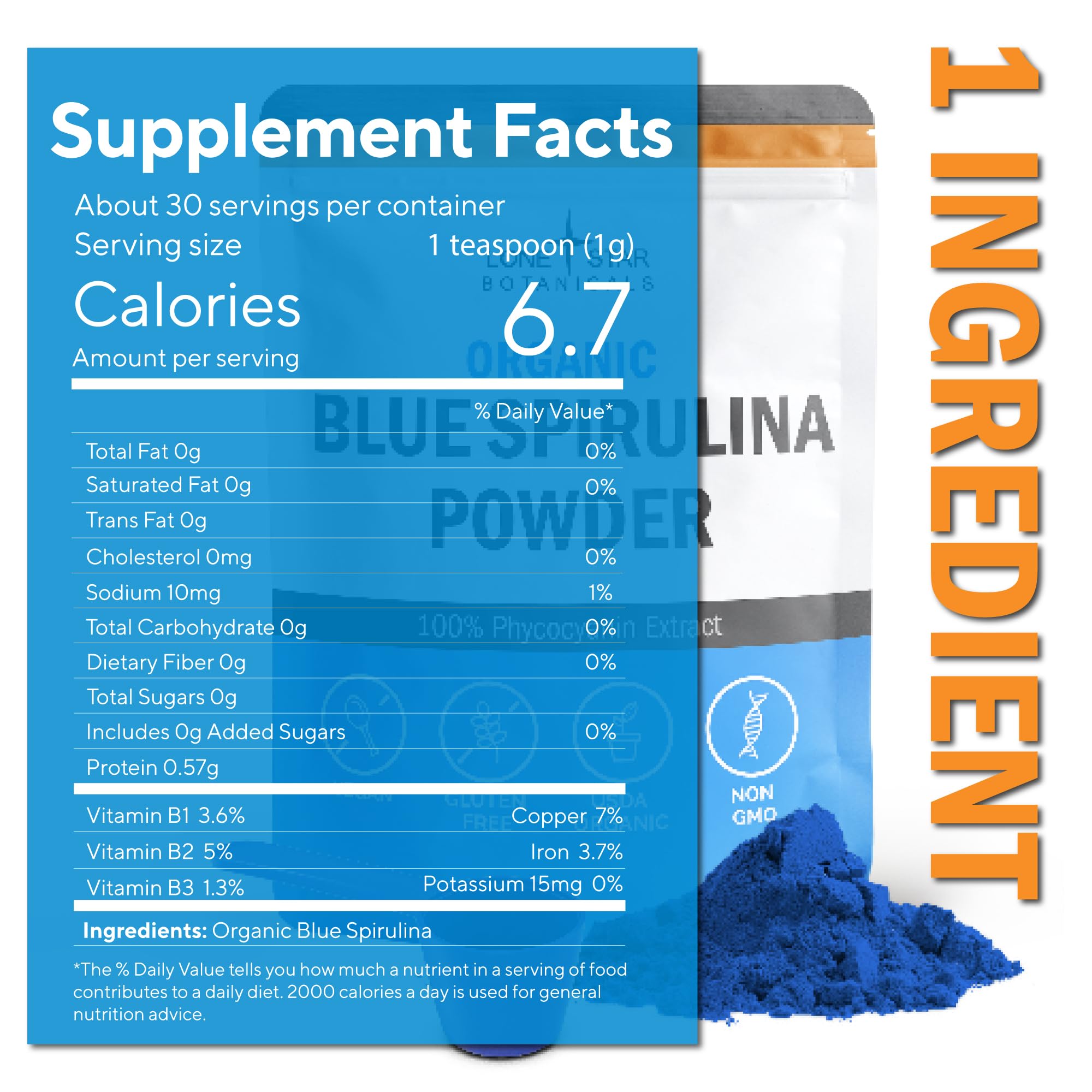 Blue spirulina powder poured from scoop