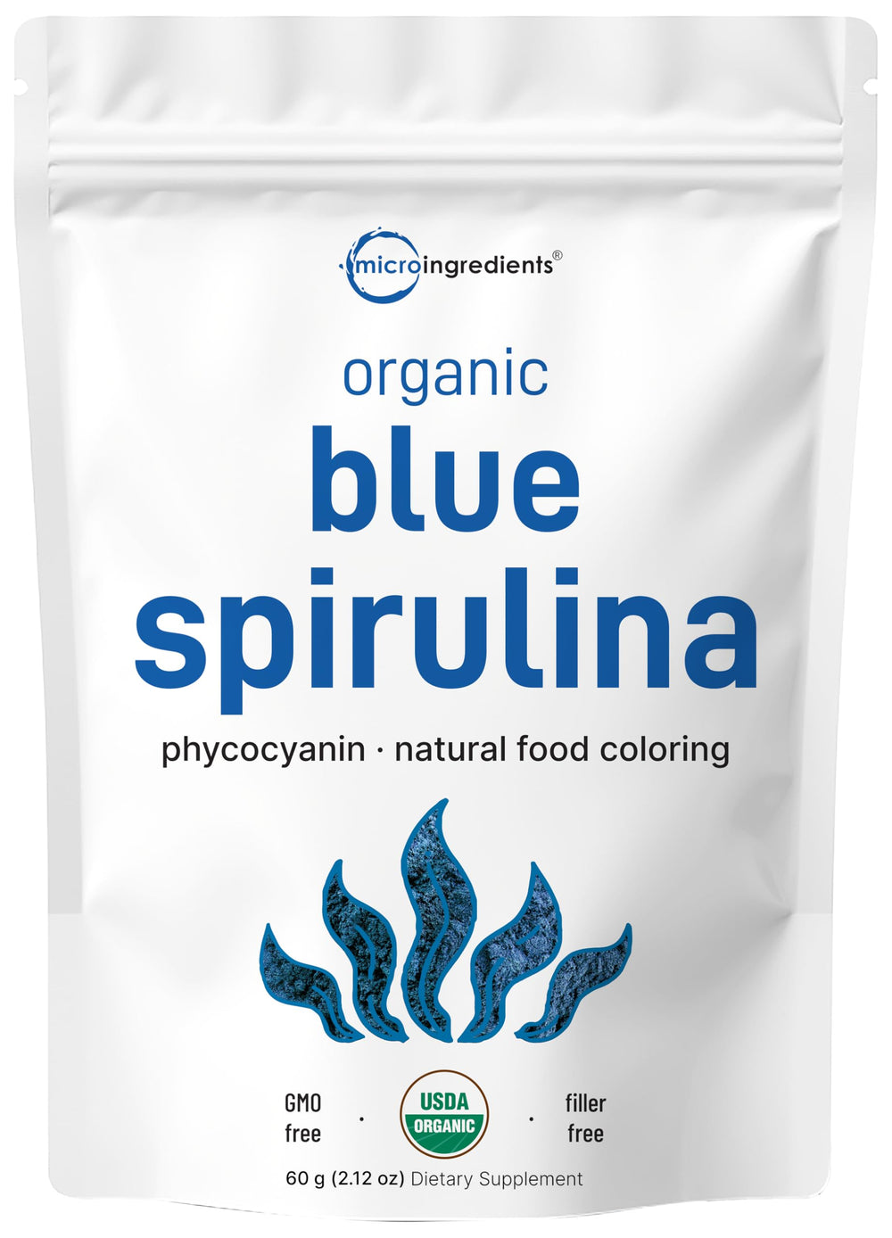 Hero shot of organic blue spirulina powder with luminous blue hue