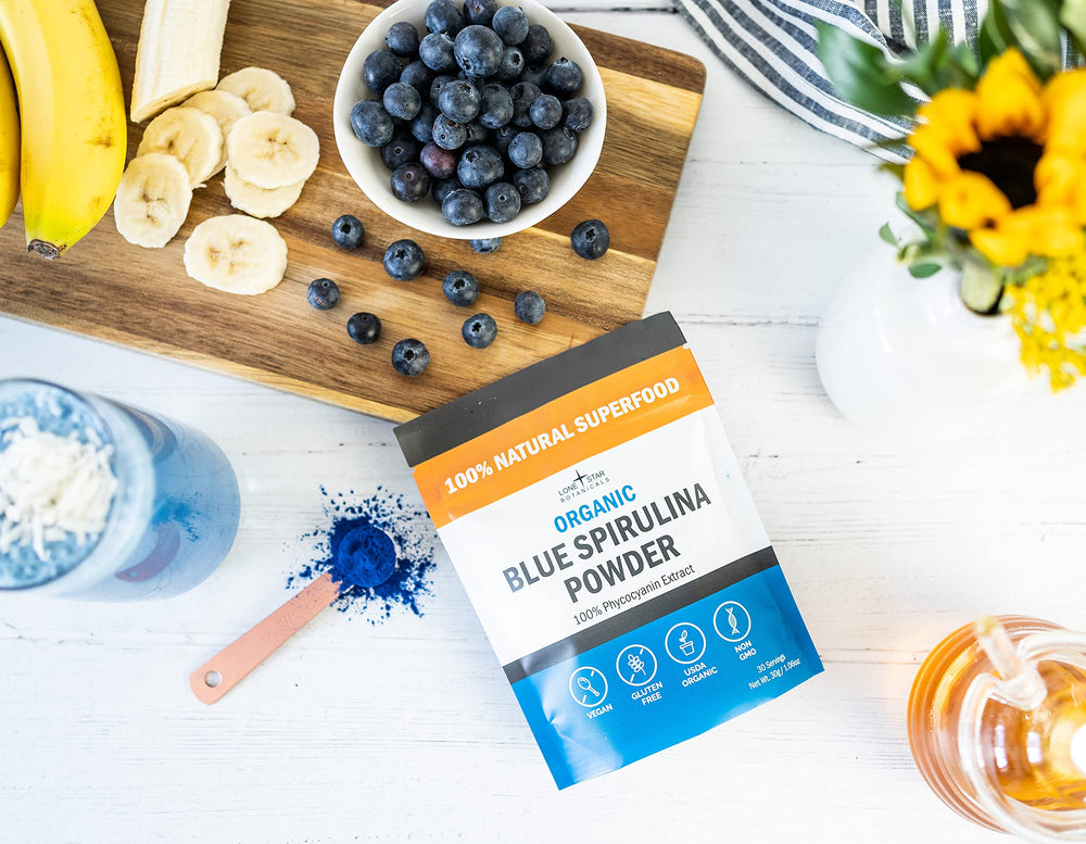 Organic blue spirulina powder in a bowl