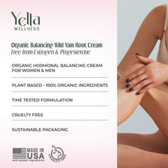 Close-up of ingredients: organic wild yam, chaste tree berry, red clover, black cohosh